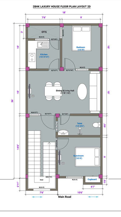 2BHK House floor Plan layout 2D model