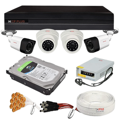 *CCTV camera setup *
4 camera set-up
4ch DVR
2.4 mp bullet (2)
2.4mp dome. (2)
1tb hard disk
4 ch. power supply
1 wire bundle 90mtr.
8 bnc connector
4 Dc connector
1 PVC tape
1 pkt 6mm. wire clip
4x4 pvc box (4)
1.5mtr hdmi 
1.5 MTR male female usb 
2U mini Rack