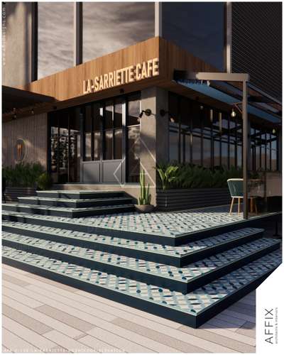 A contemporary hospitality frontage designed as an inviting transition, where layered textures and cantilevered forms create a sophisticated street presence. The design features a cascading, patterned tiled deck and integrated planter beds that soften the architectural lines, while warm linear lighting enhances the rhythmic geometry of the entrance. #Architect  #architecturedesigns  #architectureldesigns  #kerala_architecture  #cafè