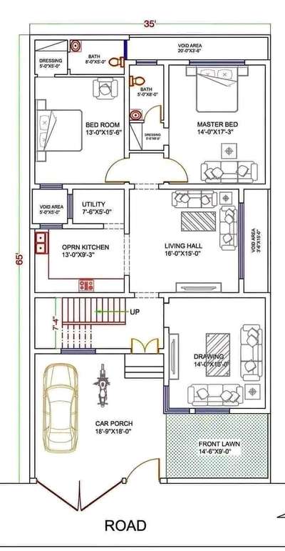 35'x65'House plan Layout #2DPlans #ElevationHome #ElevationDesign #HouseDesigns