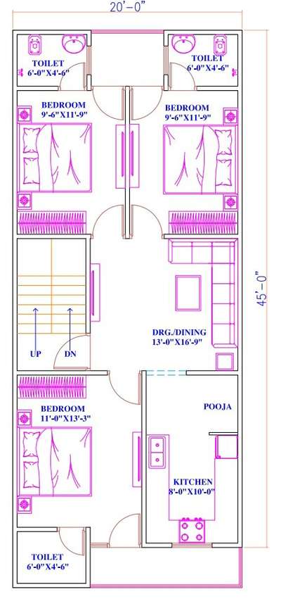 Sketch plan of 20'x45'
3 bhk