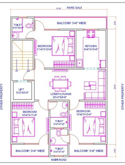 Sketch plan of 27'6"x33' (3bhk)