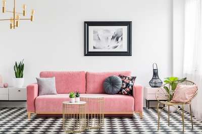 Go for this Glam living room in neutral colours. Add pink accents to your space with Comfy sofa, cushions and vases in shades of pink. Golden arm chair, coffee table and chandelier in gold finish can add a luxurious touch to your space.#interior #decor #ideas #home #interiordesign #indian #colourful #decorshopping