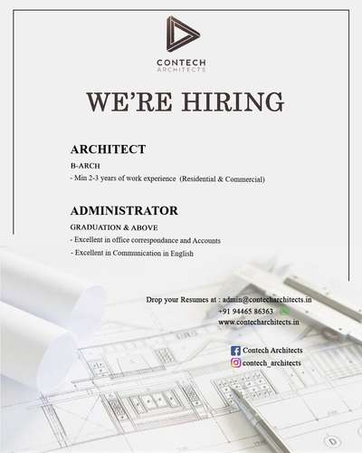 🌟 Join Our Team! 🌟

Are you a skilled Architect with a passion for design? Or perhaps you excel in administrative tasks and communication? Contech Architects is seeking talented individuals to join our dynamic team!

 Architect Position:

•Requirements: B.Arch degree, 2-3 years of experience (Residential & Commercial)
•Opportunity: Showcase your creativity and contribute to exciting projects!

 Administrator Position:

•Requirements: Graduation & above, proficiency in office correspondence and accounts, excellent English communication skills
•Opportunity: Utilize your organizational skills and attention to detail in a professional setting!

Drop your resumes at admin@contecharchitects.in or call +91 94465 86363 to take the next step in your career journey. Visit www.contecharchitects.in to learn more about us. Join Contech Architects today and be a part of our innovative team! ✨

#hiring #administratorjobs #architectjobs #architecture #architectfirm #interiordesign #exteriordesign