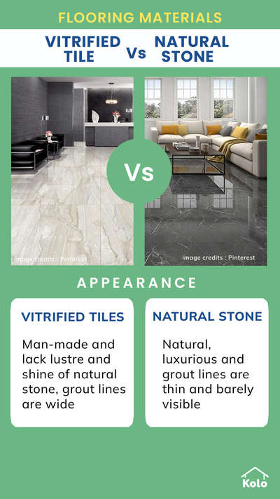 Vitrified tile vs natural stone
Which one would suit your needs? 🤔

Tap ➡️ to view the next pages to learn the difference between the two.

Learn tips, tricks and details on Home construction with Kolo Education. 🙂 
If our content helped you, do tell us how in the comments ⤵️
Follow us on Kolo Education to learn more!!!

#thisvsthat #education #expert #tileworks #interior #design #construction #home #exterior
#koloeducation #viteified #naturalstone