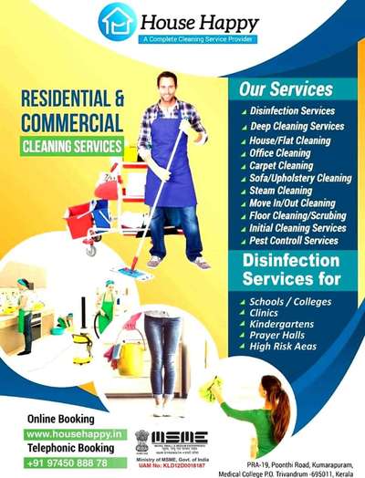 House Happy – Cleaning &Disinfection  Service Provider in Trivandrum for School/Home/Flat/Villas/Offices/Clinics/. For booking : 9745088878/ 9846100223