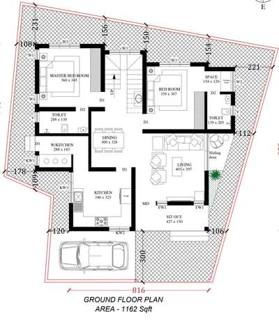 A small plan under 1200 sqft.
with an irregular plot