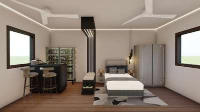 Bedroom Design, Punjabi Bagh,  New Delhi
This bedroom is a modern, multifunctional retreat combining comfort and style. Warm wood tones and a neutral palette create a cozy base, while black accents and feature lighting add sophistication. A sleek bed anchors the space, complemented by a marble-accented entertainment wall, a stylish bar nook, and a dedicated music corner—designed to reflect your personality and lifestyle.

 #BedroomDecor #MasterBedroom #kidsroomdesign #BedroomDesigns #BedroomIdeas #KingsizeBedroom