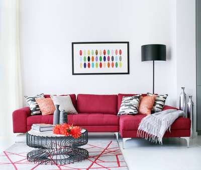 Get this vibrant living room with red corner sofa as the focal point. Add floor lamp, coffee table and vases in black shade to contrast the base colour. Use cushions and rugs in geometric pattern to give some texture to the room.
#interior #decor #ideas #home #interiordesign #indian #colourful #decorshopping