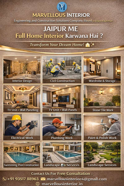 MARVELLOUS INTERIOR " #CONSTRUCTION #RENOVATION 
#FURNITURE, 
#MODULAR KITCHEN
#TV UNIT+ WALL PANELLING, #WARDROBE AND STORAGE, #BED WITH HEADBOARD, #CONSUAL & SIDE TABLE
#SOFA WITH CENTER TABLE 
#PAINT-POLISH
#STONE-TILE
#Landscape 
#VerticalGarden #BalconyGarden #VegetableGarden #RooftopGarden