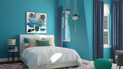 Create a bright and beautiful bedroom in shades of blue. A simple way to balance out bright walls is by adding in darker drapery. This allows you to break up the color a bit and create a cohesive flow between walls, artwork and accessories like throw pillows and poufs.#interior #decor #ideas #home #interiordesign #indian #colourful #decorshopping