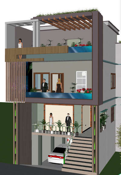 4 BHK House plan front elevation design.. # House design # Modular kitchen # interiors designend