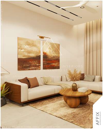 "Warm and welcoming living space featuring a beige-toned palette with a wooden base sofa, round solid wood coffee table, and hand-woven jute rug — styled with soft diffused curtains and abstract wall art to complete the look." #Architect  #architecturedesigns  #Architectural&Interior  #kerala_architecture  #kerala_architecture  #best_architect