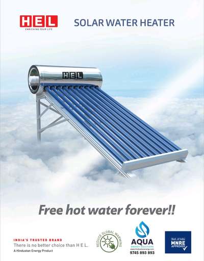 HEL solar water heater extracts natural sunlight and produces hot water. This system works on thermosiphon principle and ensures continues availability of hot water for your family for all seasons. HEL solar water heaters uses 3-layered tri-element vacuum tubes which ensures optimum energy absorption and high efficiency. The hot water is stored inside an insulated solar hot water tank sealed with high density PUF for use whenever required. HEL 3 layered tri-element vacuum tube produce enough energy to heat water up to 80°C which is more than sufficient for bathing and washing purpose in bathrooms and kitchen.

With no maintenance requirement, HEL solar water heater provides a low cost long term solution for your daily hot water needs. For cloudy days, solar water heater have a optional electric heating element for backup. This is the most effective way to generate hot water by saving costly electricity and other fuel charges and is environmental friendly.

contact :- 9745893893