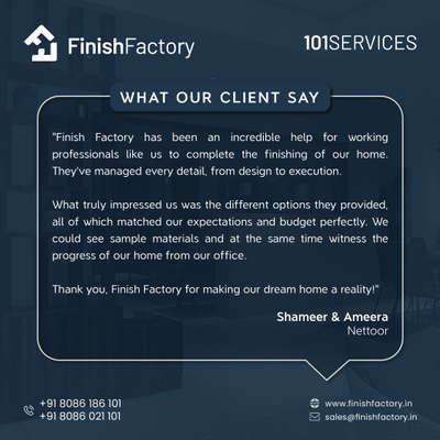 Our happy clients Mr Shameer and Mrs Ameera ❤️

Thankyou for your valuable feedback!

Location: Nettoor, Kochi

Build your dream house with us now!

📞: 8086 186 101

#clients #clientreview #finishfactory #services #home #lifestylephotography #kochi #kochigram