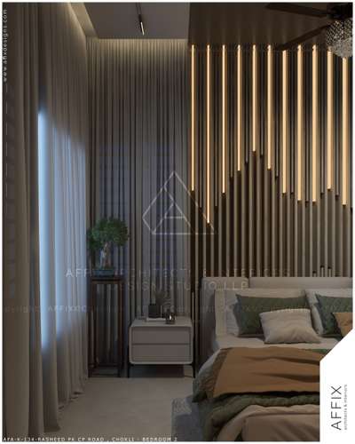 A symphony of textures and lighting!
The striking vertical paneling with warm ambient lighting creates depth and drama, making this bedroom a true statements of modern elegance.
Paired with plush bedding, earthy green accents and a cozy layered bed this space exudes both style and tranquility. #Architect  #architecturedesigns  #Architectural&Interior  #kerala_architecture  #best_architect