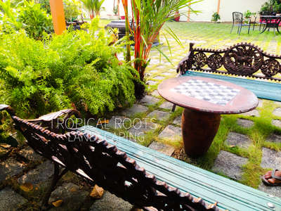 outdoor garden benches #fern arrangements#stone work #tropical roots landscaping, kochi