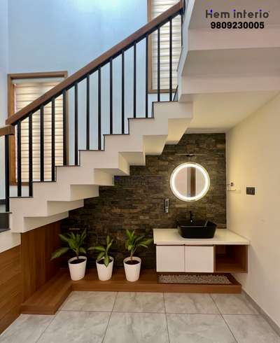 Wash area design
 #Architectural&Interior #washareacounter #commonwash #StaircaseDesigns #mirrorsdesign #LUXURY_INTERIOR #residentialinteriors #interiordesignkochi #homeinteriordesigncompany