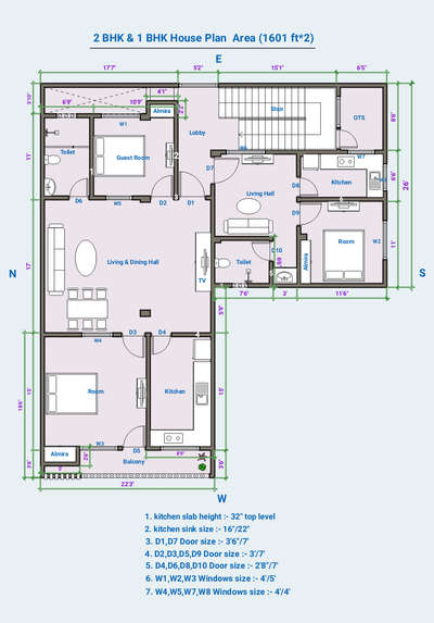 2 BHK & 1 BHK L Shape House Plan area(1601 ft*2)