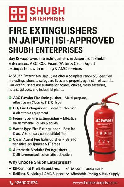 Fire Extinguishers in Jaipur – Shubh Enterprises
Shubh Enterprises offers ISI-approved fire extinguishers in Jaipur. Complete range – ABC, CO₂, Foam, Water, Clean Agent & Modular. Sales, refilling & AMC.

Product Description:
Fire safety is a critical need for every home, office, factory, and commercial space. At Shubh Enterprises, Jaipur, we specialize in supplying a complete range of ISI-marked fire extinguishers designed to protect lives and property from fire hazards.

Our fire extinguishers are available in multiple types, including ABC Powder, CO₂, Foam, Water Type, Clean Agent, Kitchen Extinguishers, and Automatic Modular Units. Each extinguisher is manufactured as per strict ISI standards, ensuring reliability and effectiveness during emergencies.

Whether you are looking for portable fire extinguishers for homes and offices or wheeled and modular extinguishers for industries and warehouses, we have the right solution for you.

Apart from sales, we also provide fire extinguishe