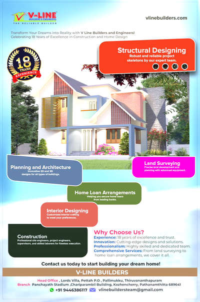 Looking for the Best Builder? Call: 9446386117
✅ മികച്ച ബിൽഡറെയാണോ നിങ്ങൾ തിരയുന്നത് ? call:9446386117
നിങ്ങളുടെ സ്വപ്ന നിർമ്മിതി മനോഹര ഭവനമോ, വ്യാപാര സമുച്ചയമോ, നവീകരണമോ എന്തുമാകട്ടെ
പതിനേഴു വർഷമായി നിങ്ങളോടൊപ്പമുള്ള വി ലൈൻ ബിൽഡേഴ്‌സ് നിങ്ങൾക്കരികിലുണ്ട്..
Transform Your Dreams into Reality with V Line Builders and Engineers!
Celebrating 18 Years of Excellence in Construction and Home Design
As the premier multi-professional builder in Central Travancore, we offer a range of specialized services to make your dream home a reality:
🏠 Land Surveying: Precise land development and planning with advanced equipment.
🏠 Structural Designing: Robust and reliable project skeletons by our expert team.
🏠 Planning and Architecture: Innovative 2D and 3D designs for all types of buildings.
🏠 Interior Designing: Customized interior crafting to meet your preferences.
🏠 Construction: Professional site engineers, project engineers, supervisors, and skilled laborers for flawless execution.
🏠 Home