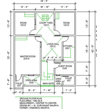 35X36 with 3 BHK House map