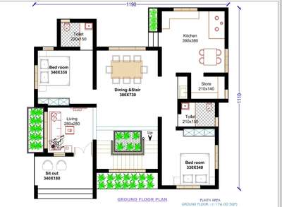 ground floor plan                        #1176sqft                                         #two bed  #living#dining#two toilet#kitchen#sitout... etc