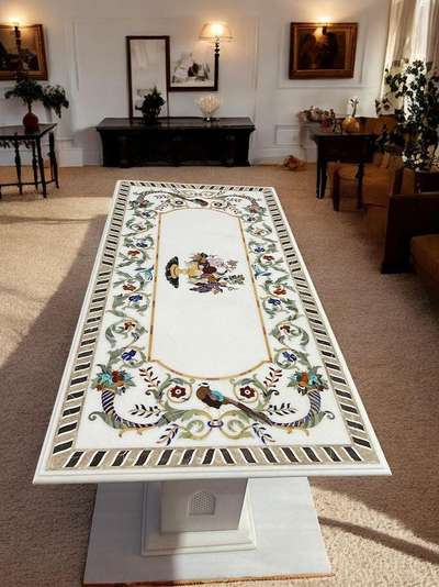 Marble inlay table top with semi precious stones handicraft work