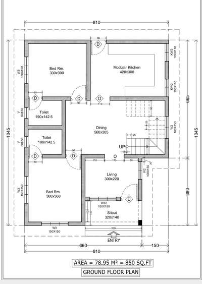 2D Plan (edited)# Ground floor area - 850 square feet.