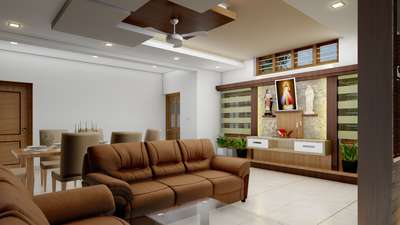 Interior Designing. Family living cum Dining, Prayer wall, Tv cabinet