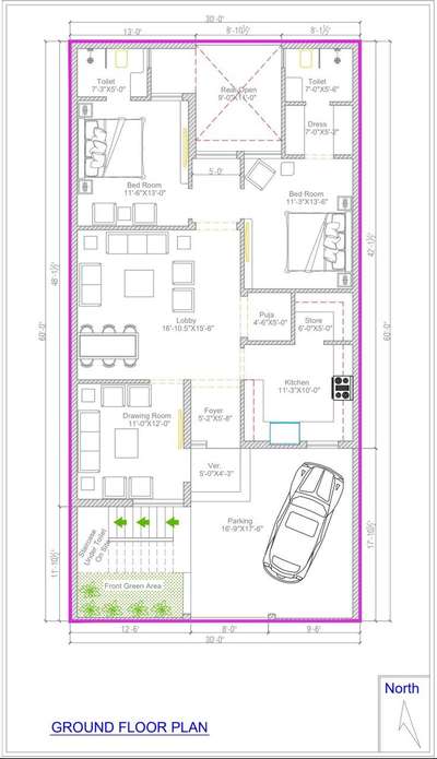 2BHK Ground Plan (30' X 60') #Architect  #Architectural_Drawing  #nakshamaker