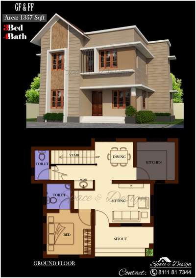 #Three bedroom attached toilet and one common toilet. only 1357 Sqft. Ground floor & First floor  #3 ബെഡ്‌റൂം അറ്റാച്ച്ഡ് ടോയ്‌ലറ്റും 1 കോമൺ ടോയ്‌ലറ്റും.  1357 ചതുരശ്ര അടി മാത്രം.  GF&FF