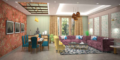 Drawing dining design with contemporary mix with wall moulding effects .