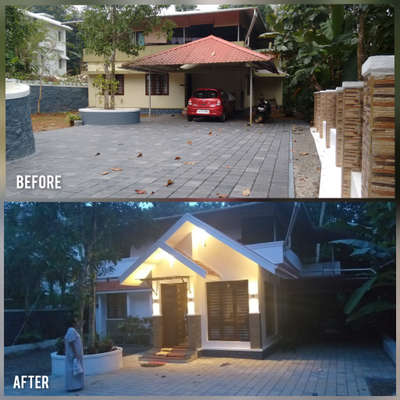 Renovation work at Elanthoor, Pathanamthitta.   #HouseRenovation  #Residencedesign  #facelifting  #exterior_Work  #extensionwork  #lighting #yard  #frontElevation #FrontDoor #stone_cladding #cladding  #pavingstones #paving  #SlopingRoofHouse #sloperoof