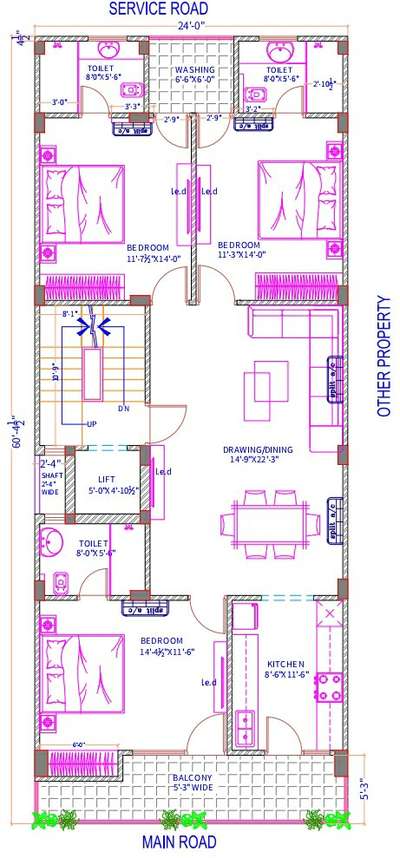 Sketch plan of 24'0"x60"-0"
3 BHK