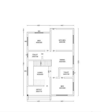 900 Sq.ft 2 Bedroom single storey plan.
