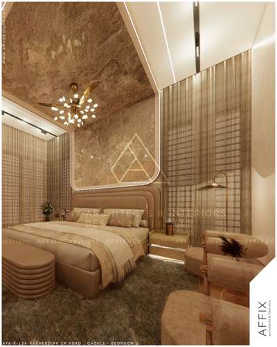 A warm contemporary bedroom defined by fluid continuity and soft luxury—where a gypsum ceiling seamlessly blends with a wooden panel that extends into the headboard wall, creating a unified visual plane. Subtle paint-finished walls keep the palette calm, allowing layered lighting and sculptural elements to stand out. Long sheer curtains diffuse natural light, adding depth and softness, while plush textures and rounded furniture forms enhance comfort. The overall theme leans towards modern organic elegance, balancing clean lines with warm tones and tactile richness #Architect  #architecturedesigns  #Architectural&Interior  #architectsinkerala  #kerala_architecture  #best_architect  #luxurydesign