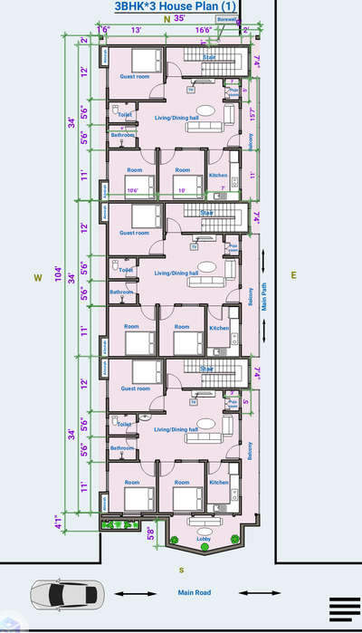 3BHK *3 House plan (Bastu)