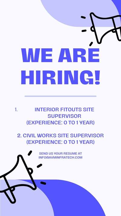 If interested, share your resume over email: info@avminfratech.com

#hiring #civil #interior #civilengineer #interiorfitout #supervisor #sitesupervisor #avminfratech