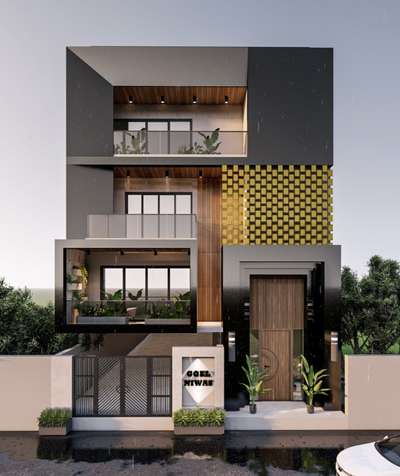 Contemporary Façade – Paschim Vihar, New Delhi

Bold geometry meets refined elegance in this stunning three-story elevation designed by Alayana Architects. The façade combines sleek black panels, warm wooden cladding, and a striking golden lattice for a luxurious yet modern vibe. Cantilevered balconies, floor-to-ceiling glazing, and lush greenery create a seamless indoor-outdoor flow. The grand wooden entrance framed in black makes a powerful statement, while subtle lighting and clean lines give the building a timeless, upscale character—an eye-catching landmark in Paschim Vihar’s urban landscape. 
 #Architect #architecturedesigns #Architectural&Interior #architecturedaily
