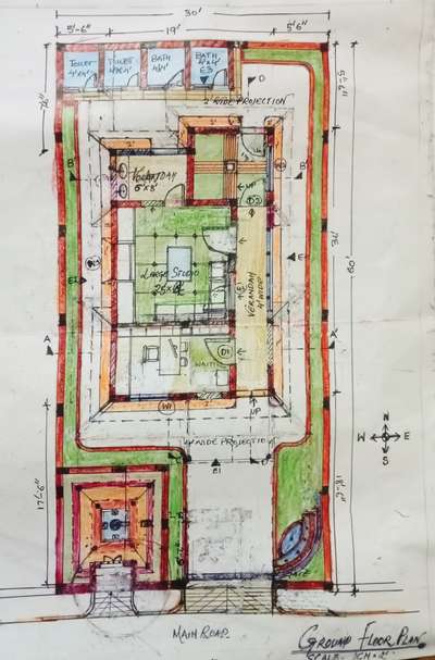 ground floor plan#30'x60' #handsketch#dimesions #coloredpencil  #KeralaStyleHouse