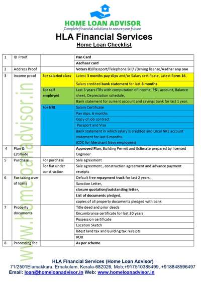 Home Loan Checklist

Mobile : 075103 85499, 8848596497
Email : loan@homeloanadvisor.in
Website : www.homeloanadvisor.in