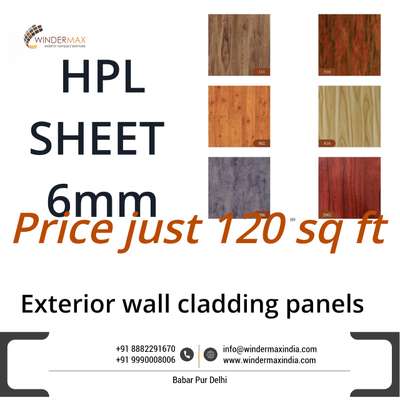 Only interested person Call or WhatsApp me click this link
https://wa.me/918882291670

Golden Range HPL available just 
*Rs* *120* sq ft with 10 year warranty 

*Front* *Elevation* *HPL* *Cladding* *Facade* *System*

Sheet Size 8X4 foot, Thickness 6mm,
Both Side Shade, For *Exterior* *Grade* *UV* *Coated* *Layer*.
 
*HPL* *Specification* : 
*1.*  Extremely Weather Resistance 
*2.*  Optimal Light-Fastness 
*3.*  Double Side Shade
*4.*  Scratch Resistance
*5.*  Easy To Clean  
*6.*  Waterproof 
*7.*  No Maintenance  

If You Have Any Requirement 
Plz Reply 

Regards
Winder max india
8882291670 /9810578649