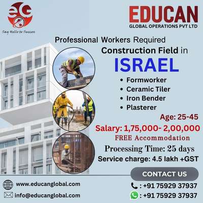 Urgently required! 
for construction field in ISRAEL

* Engineer
* Manager
* Supervisor
* Welder
* Formworkers
* Iron Benders
* Ceramic Tiler
* Plasterer

please contact the number mentioned in the post for more details. 

  #constructionsite #CivilEngineer  #manager  #supervisor  #constructioncompany  #sitesupervisor  #ceramicrooftile  #ceramictile  #plastering   #israelurgentvacancy