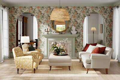 Create your living room in floral theme with floral print mustard sofas, wild flowers wall papers and fresh flowers with vase. Use a set of plain sofa, white curtain and rug to make your room look more spacious.#interior #decor #ideas #home #interiordesign #indian #colourful #decorshopping