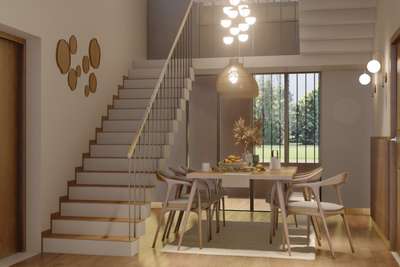 A dining room and staircase in the tranquil Fusion of Japanese and Scandinavian styles.
 #diningroom 
 #diningroominteriors 
 #woodentable 
 #woodenchairs 
 #handrailwork 
 #handraildesigns 
 #hanginglights 
 #chandelier