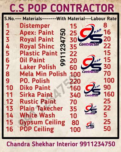 Price List Chandra Shekhar Interior