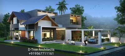 Modern elevation  4bedroom residence with internal courtyards and balcony double height roof  # 2800 sq.ft #landscaping  #upvc windows #stone cladding #sloping roof and box projection combination