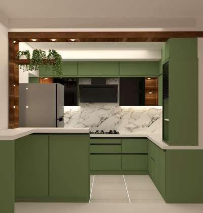"The fusion of olive green kitchen laminate and white stone brings a harmonious symphony of nature and elegance, where the serenity of green meets the purity of white. This timeless combination invokes a sense of balance and tranquility, transforming your kitchen into a sanctuary of culinary inspiration. Let  the luscious green hues embrace the vitality of life, while the white stone whispers stories of grace and refinement. In this delightful fusion, nature and sophistication dance hand in hand, creating a space where culinary artistry flourishes and memories are savored. Welcome to a kitchen where natural beauty meets timeless charm, where olive green and white stone unite to weave a tale of exquisite taste and everlasting allure." #3dmodeling  #InteriorDesigner #KitchenIdeas