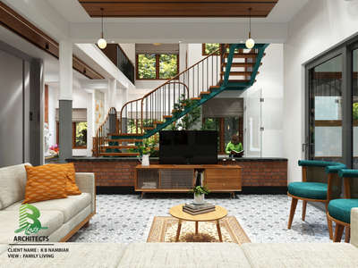 Modernity meets Tradition. 🌿 A glimpse into the Family Living area of the K.B. Nambiar residence. This space features a striking double-height void, an open-tread staircase with teal accents, and traditional patterned flooring that anchors the room. 🏡❤️